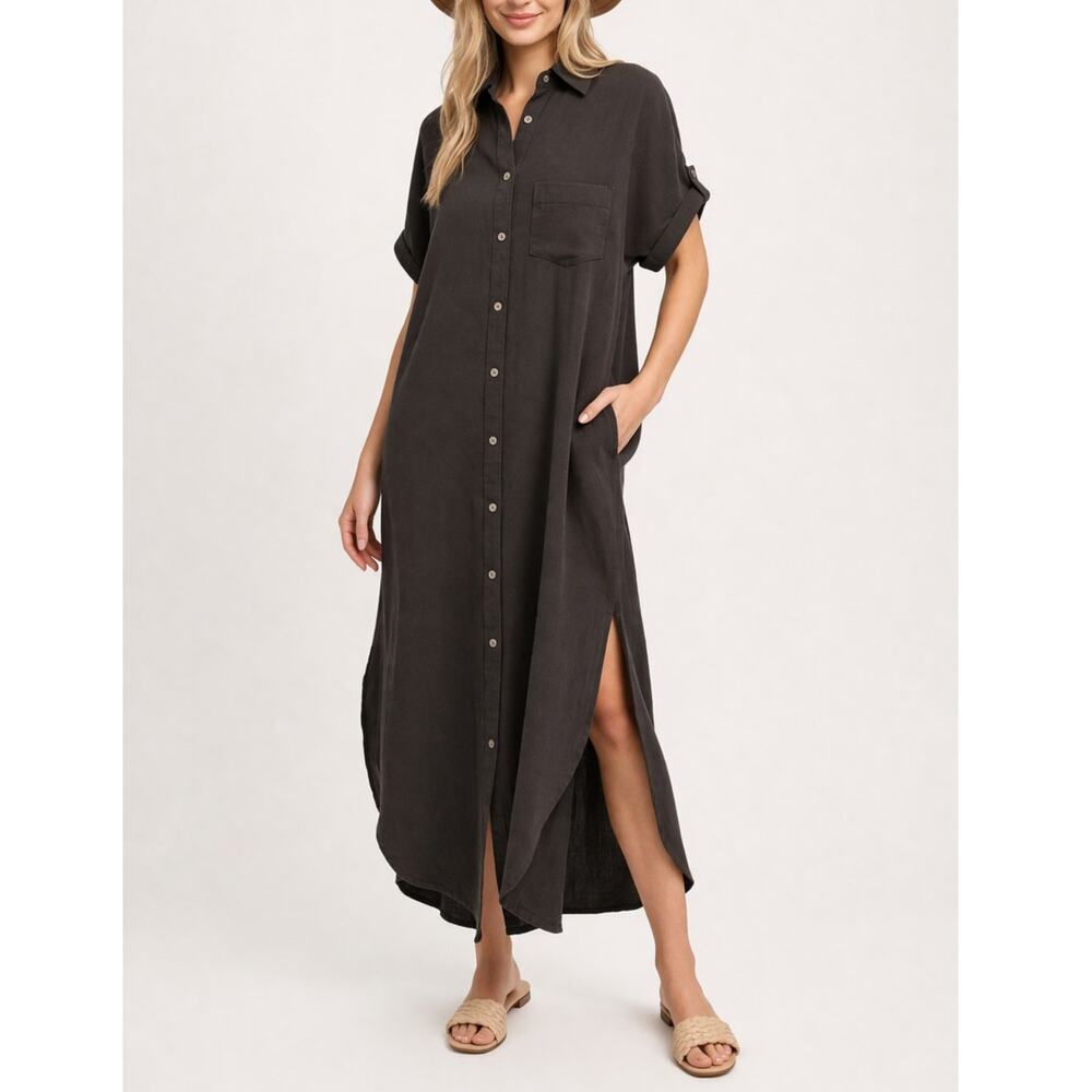 Pampelone Classic Collared Button Front Midi Dress Black Size Medium